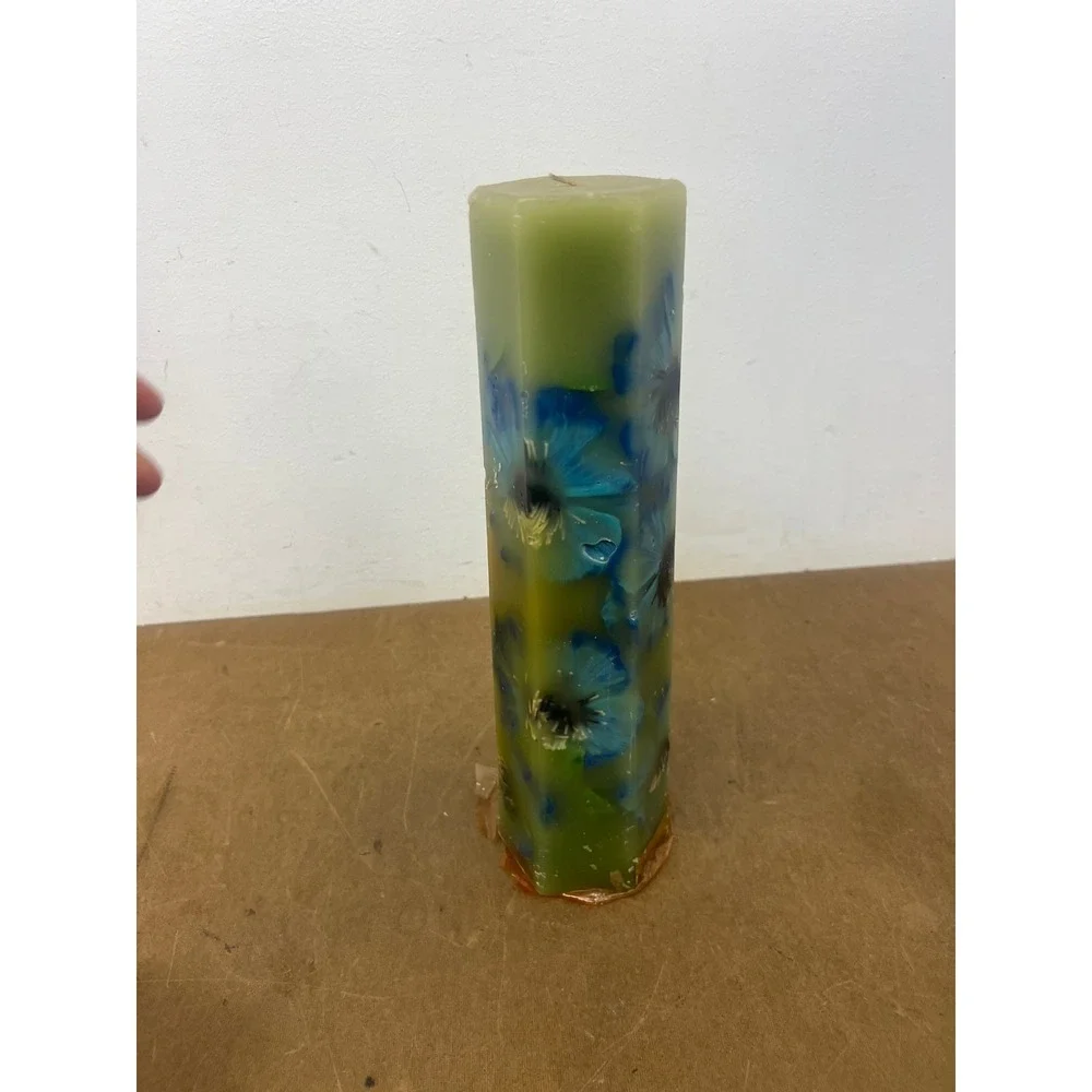 Vintage Handmade Candle Hippie Hexagon Floral Pillar Green Blue 70s Artisan MCM